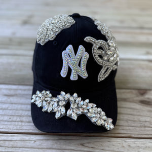 Luminous Silver Crystal Appliqué Black New York Hat with hand-applied crystal design