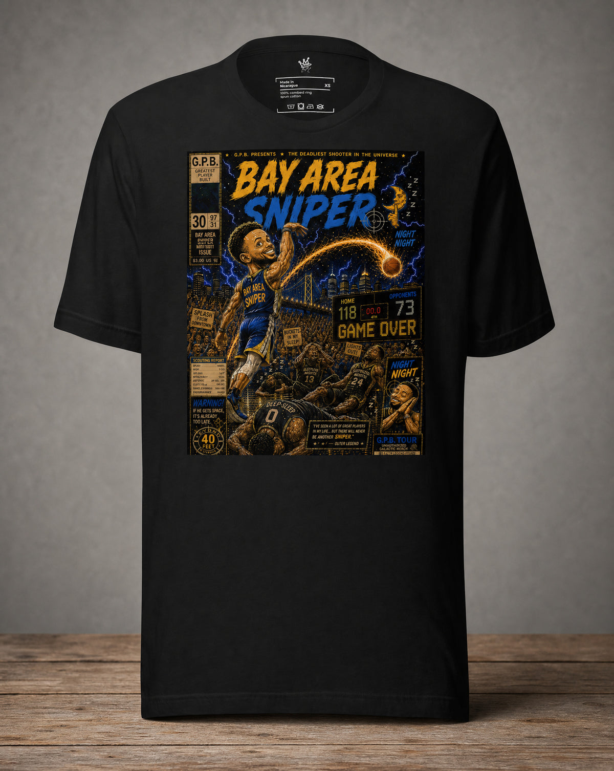 Front view Garbage Pail Ballers™ Bay Area Sniper Stephen Curry-inspired Vintage Hardwood Classics basketball graphic T-shirt