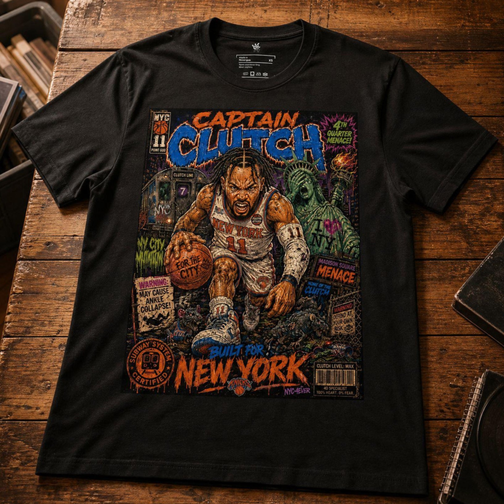 Black t-shirt with 'Captain Clutch' graphic design on a wooden surface