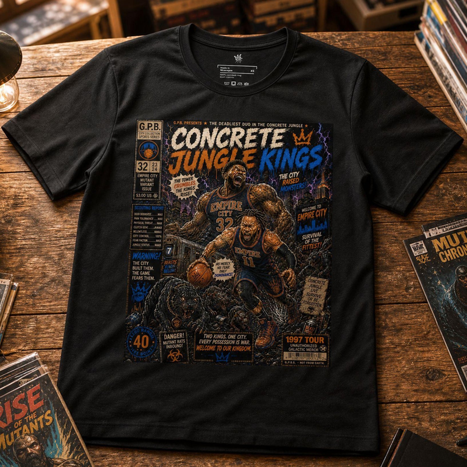 Black t-shirt with 'Concrete Jungle Kings' graphic design on a wooden table.