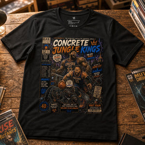 Black t-shirt with 'Concrete Jungle Kings' graphic design on a wooden table.