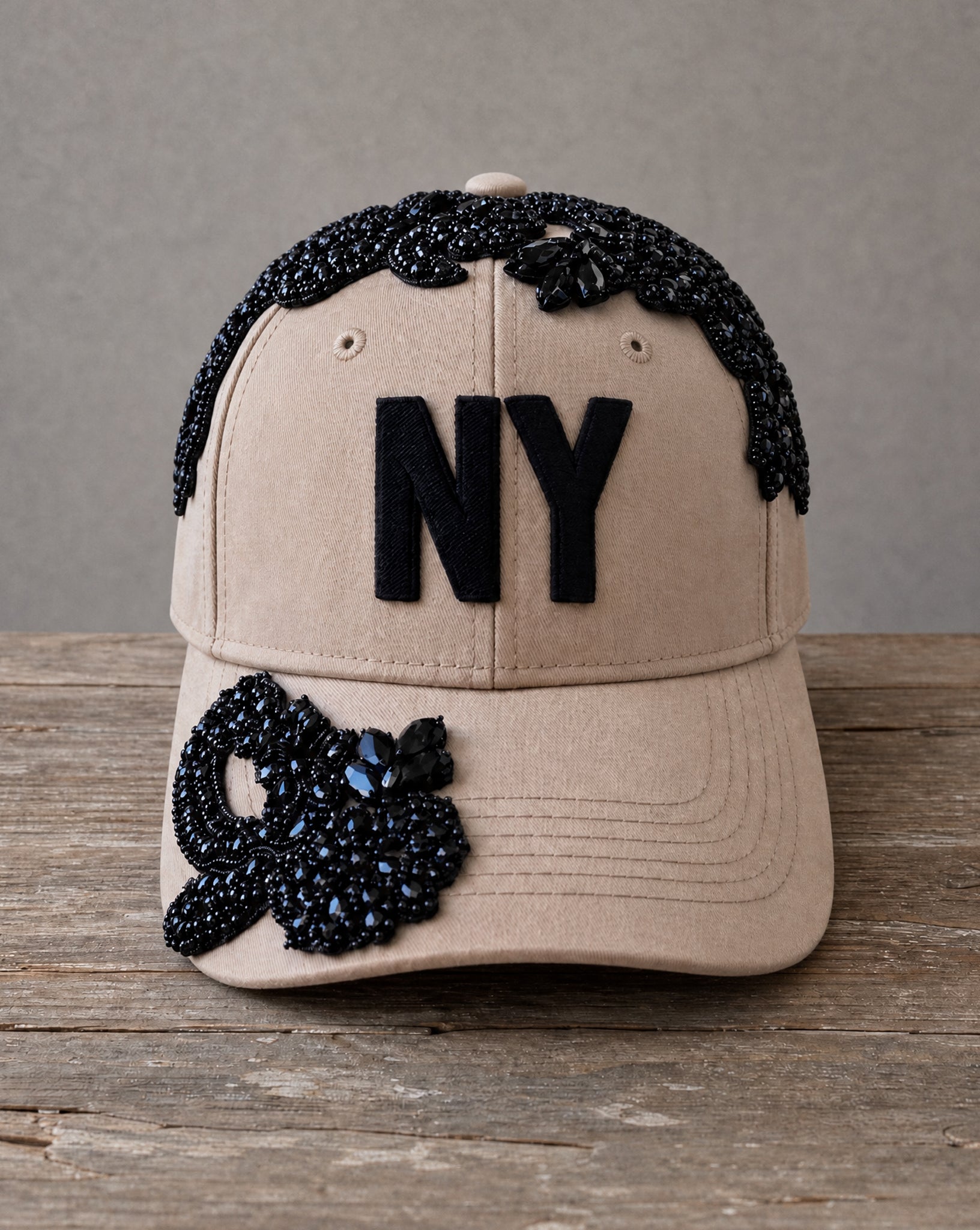 Crystal Appliqué New York hat with hand-applied crystal design