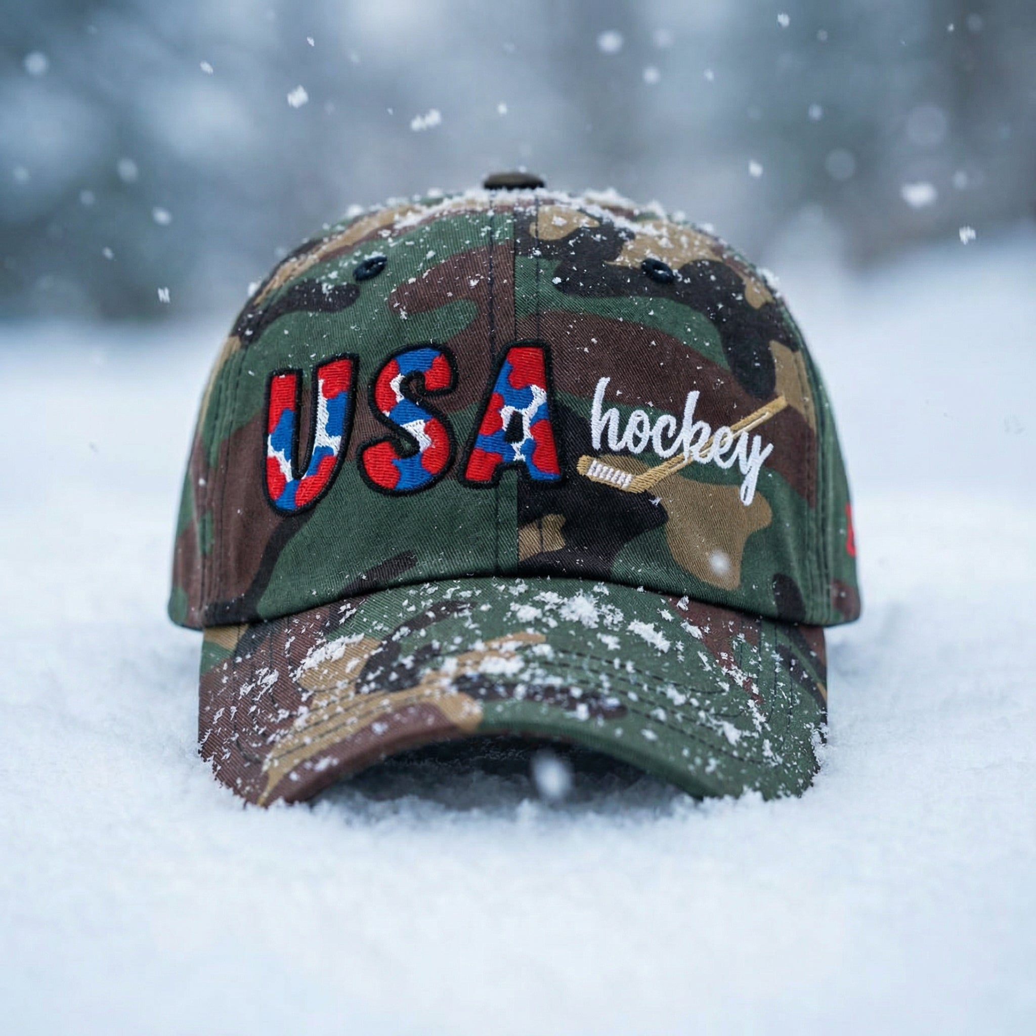 Front lifestyle view of the USA ice hockey camo patched hat