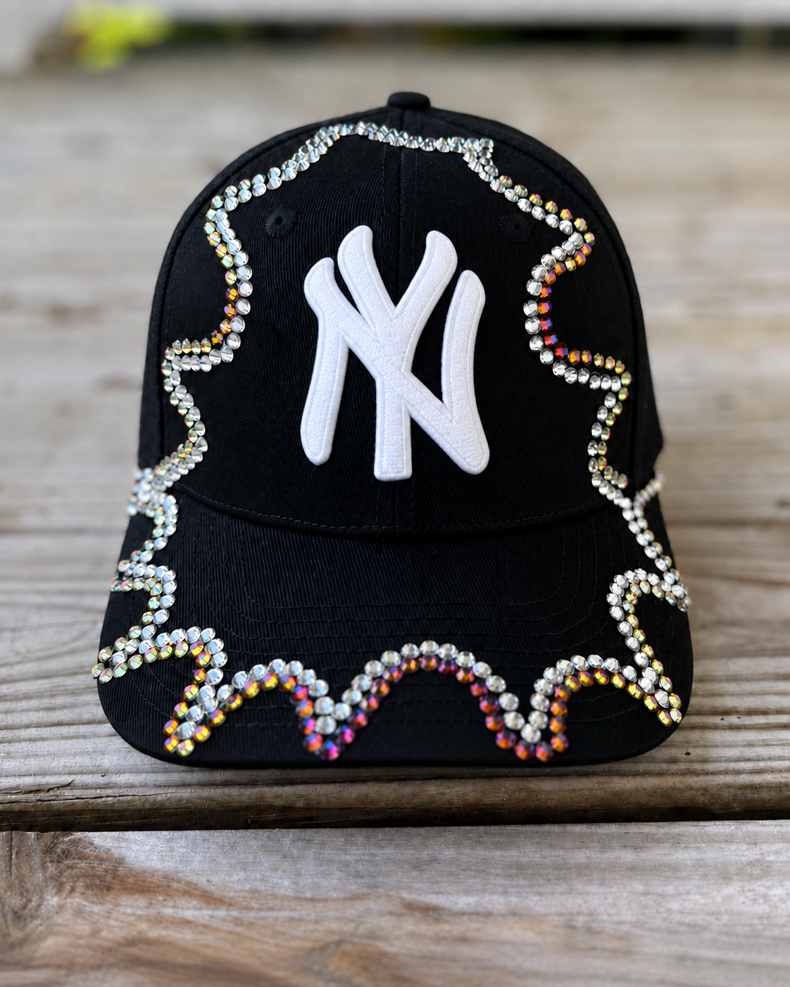 Black Chameleon Crystal Appliqué New York Hat with iridescent handcrafted crystal details