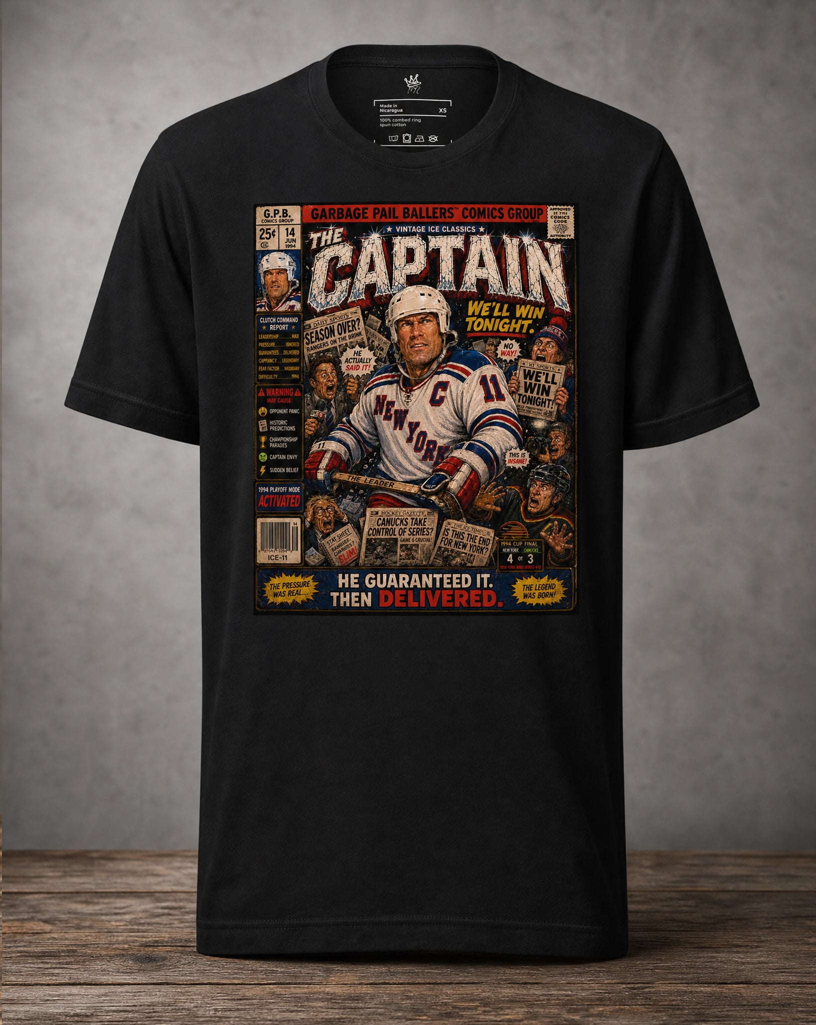 Front view Garbage Pail Ballers™ The Guarantee Mark Messier-inspired Vintage Ice Classics hockey graphic T-shirt