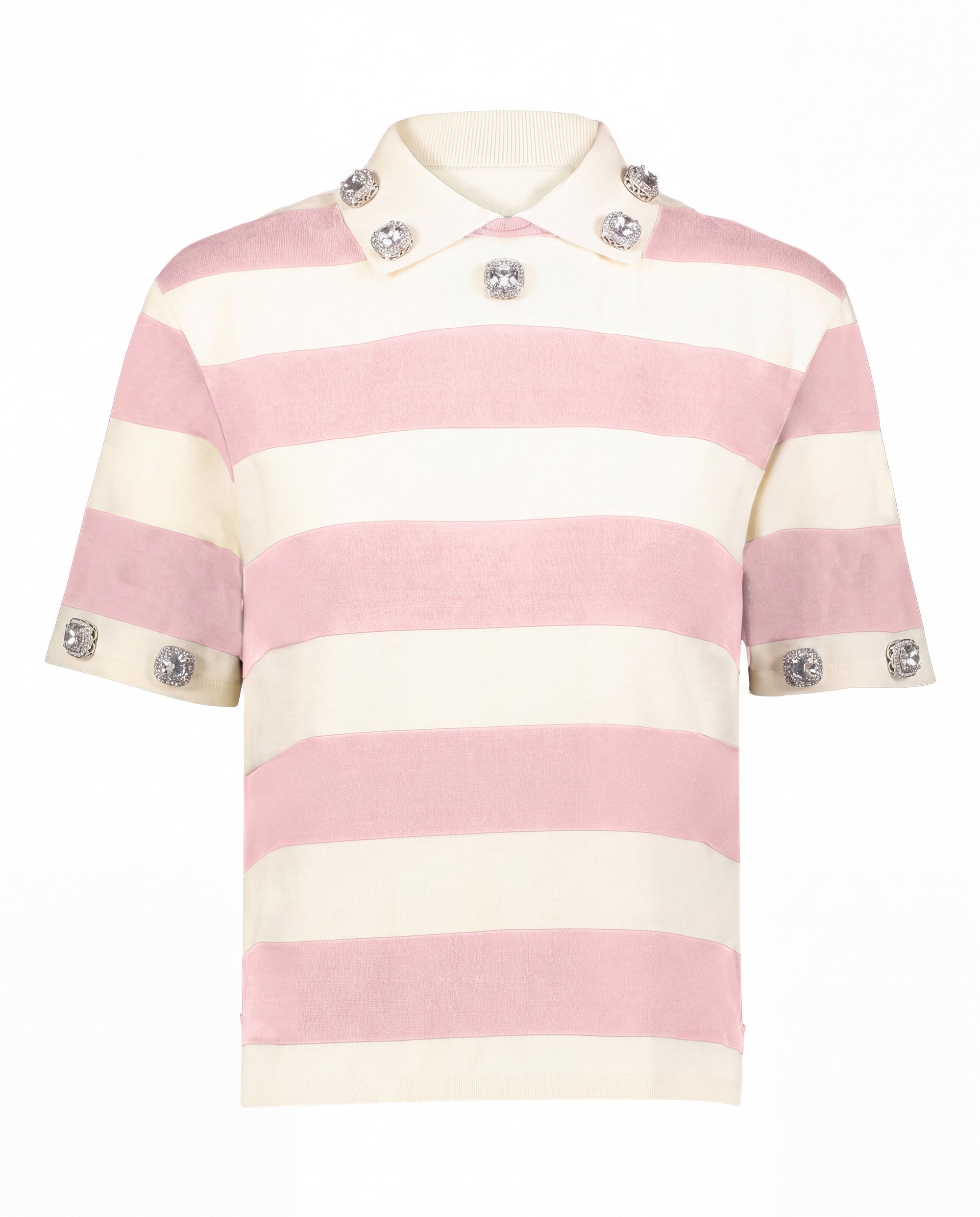 Pink and cream striped jeweled polo with hand-placed crystals
