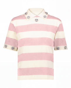 Pink and cream striped jeweled polo with hand-placed crystals
