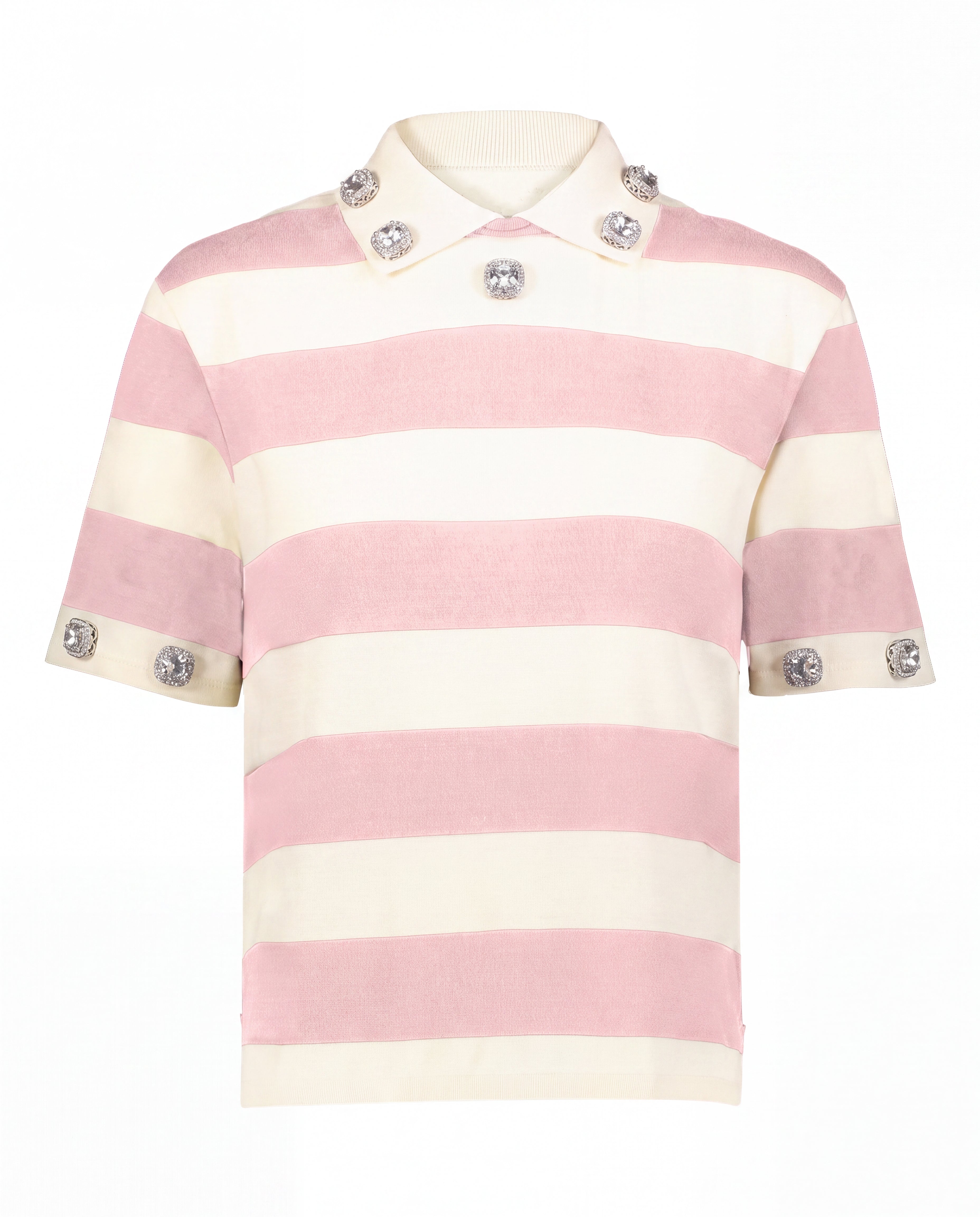 Pink and cream striped jeweled polo with hand-placed crystals