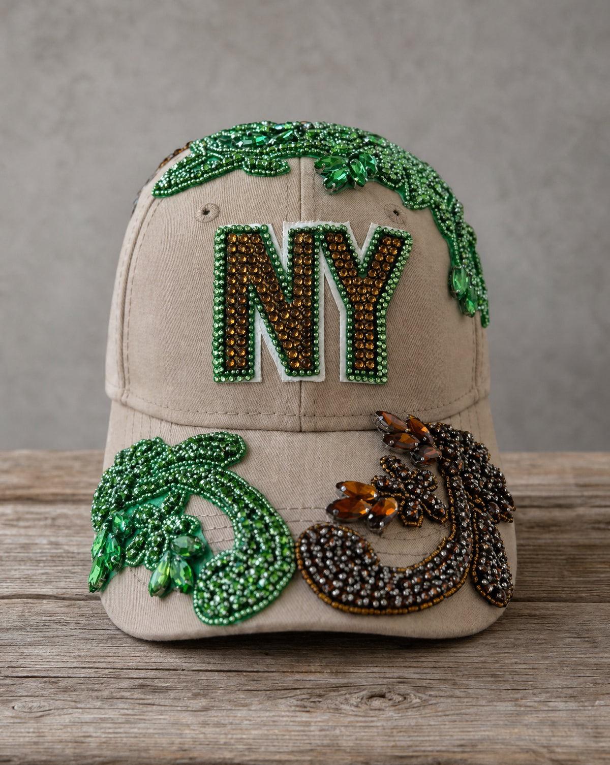 Crystal Appliqué New York hat with hand-applied crystal design