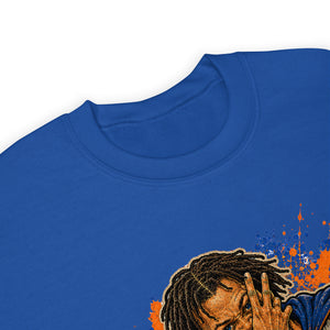 Close-up of original Captain Clutch artwork on crewneck sweatshirt