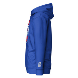 Blue hoodie with a logo on the back against a white background