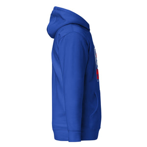 Blue hoodie with a logo on the sleeve against a white background