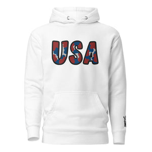 Front view of the USA ice hockey patched white hoodie