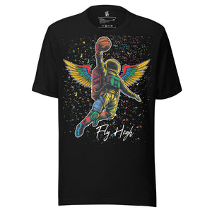 Fly High basketball T-shirt featuring an astronaut with wings soaring for a slam dunk
