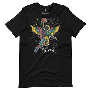 wrinkled view Fly High basketball T-shirt featuring an astronaut with wings soaring for a slam dunk