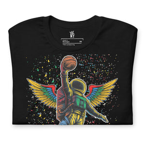closeup view Fly High basketball T-shirt featuring an astronaut with wings soaring for a slam dunk