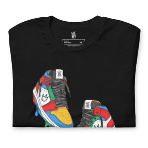 Close up Rebel Sneaker graphic T-shirt featuring an original sneaker-inspired design