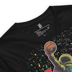 detailed view Fly High basketball T-shirt featuring an astronaut with wings soaring for a slam dunk