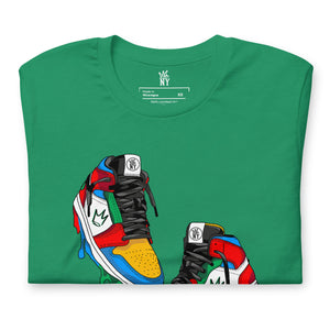 Close up Rebel Sneaker graphic T-shirt featuring an original sneaker-inspired design