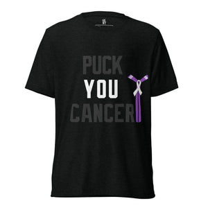 Front view of Puck You Cancer blackout hockey T-shirt with bold hockey-inspired artwork