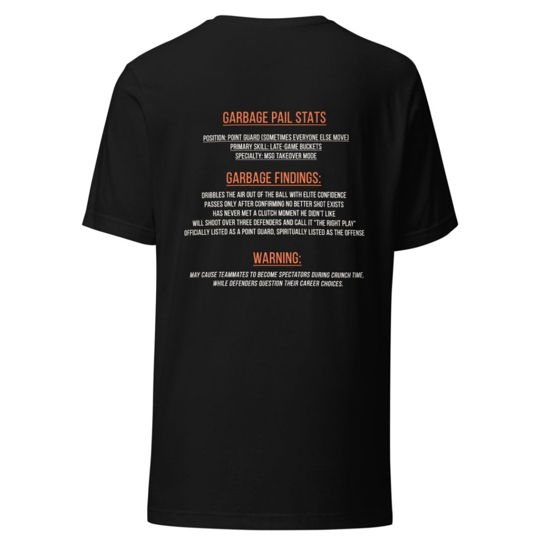 Back view of a black “Captain Clutch” Garbage Pail Ballers t-shirt featuring bold orange and white typography with player-inspired stats, warnings, and New York basketball themed details. Premium streetwear graphic design by Rebel P Customs with a luxury handmade urban fashion aesthetic.