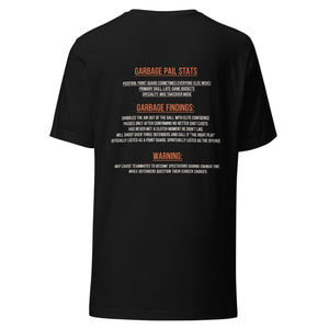 Back view of a black “Captain Clutch” Garbage Pail Ballers t-shirt featuring bold orange and white typography with player-inspired stats, warnings, and New York basketball themed details. Premium streetwear graphic design by Rebel P Customs with a luxury handmade urban fashion aesthetic.