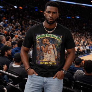 Model wearing the Captain Clutch Vintage Hardwood Classics T-shirt showing a relaxed streetwear fit – Rebel P Customs
