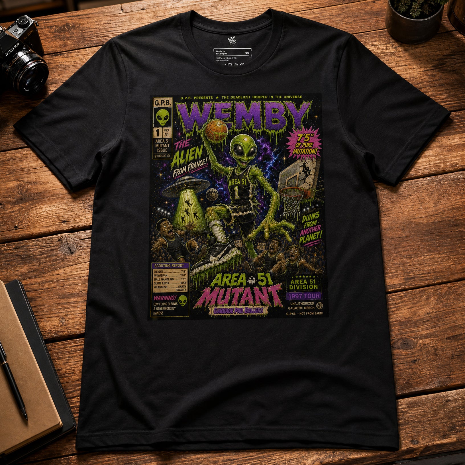 Garbage Pail Ballers™ Area 51 Mutant Victor Wembanyama-inspired Vintage Hardwood Classics basketball graphic T-shirt
