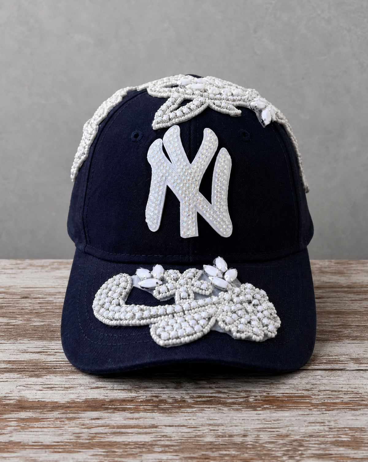 Custom Beaded White Crystal Applique Navy New York Hat with hand-applied crystal design