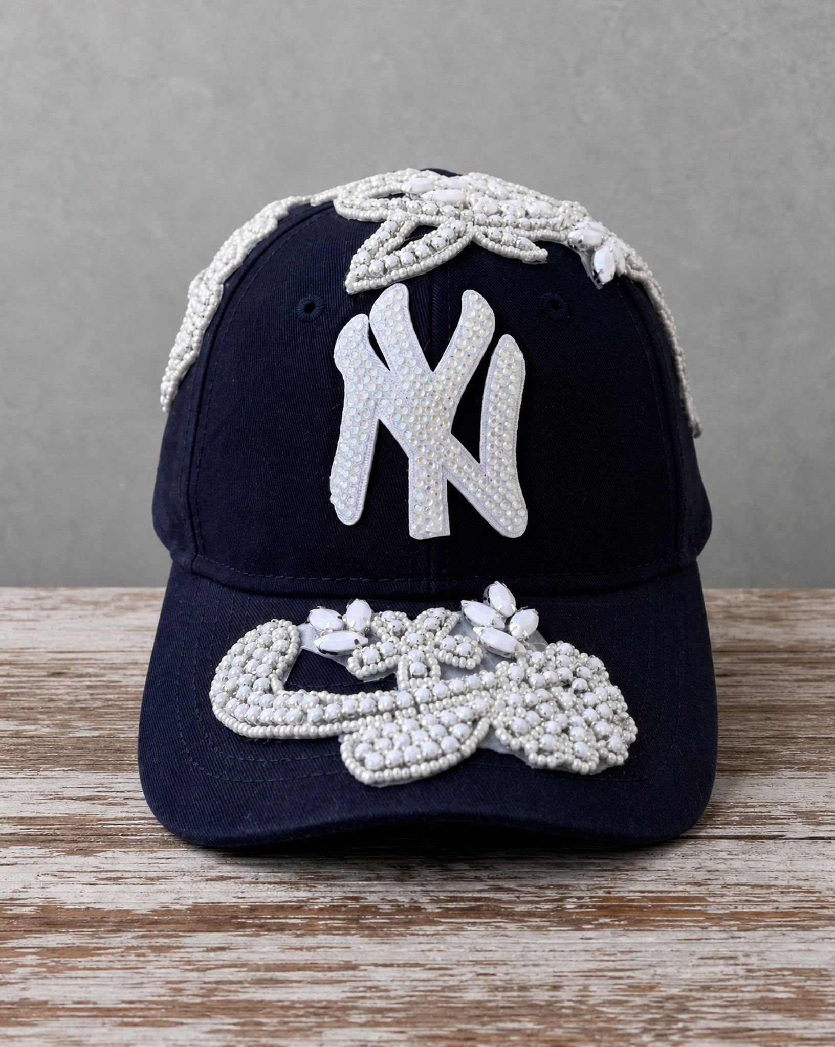 Custom Beaded White Crystal Applique Navy New York Hat with hand-applied crystal design