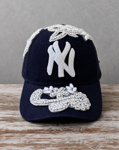 Custom Beaded White Crystal Applique Navy New York Hat with hand-applied crystal design
