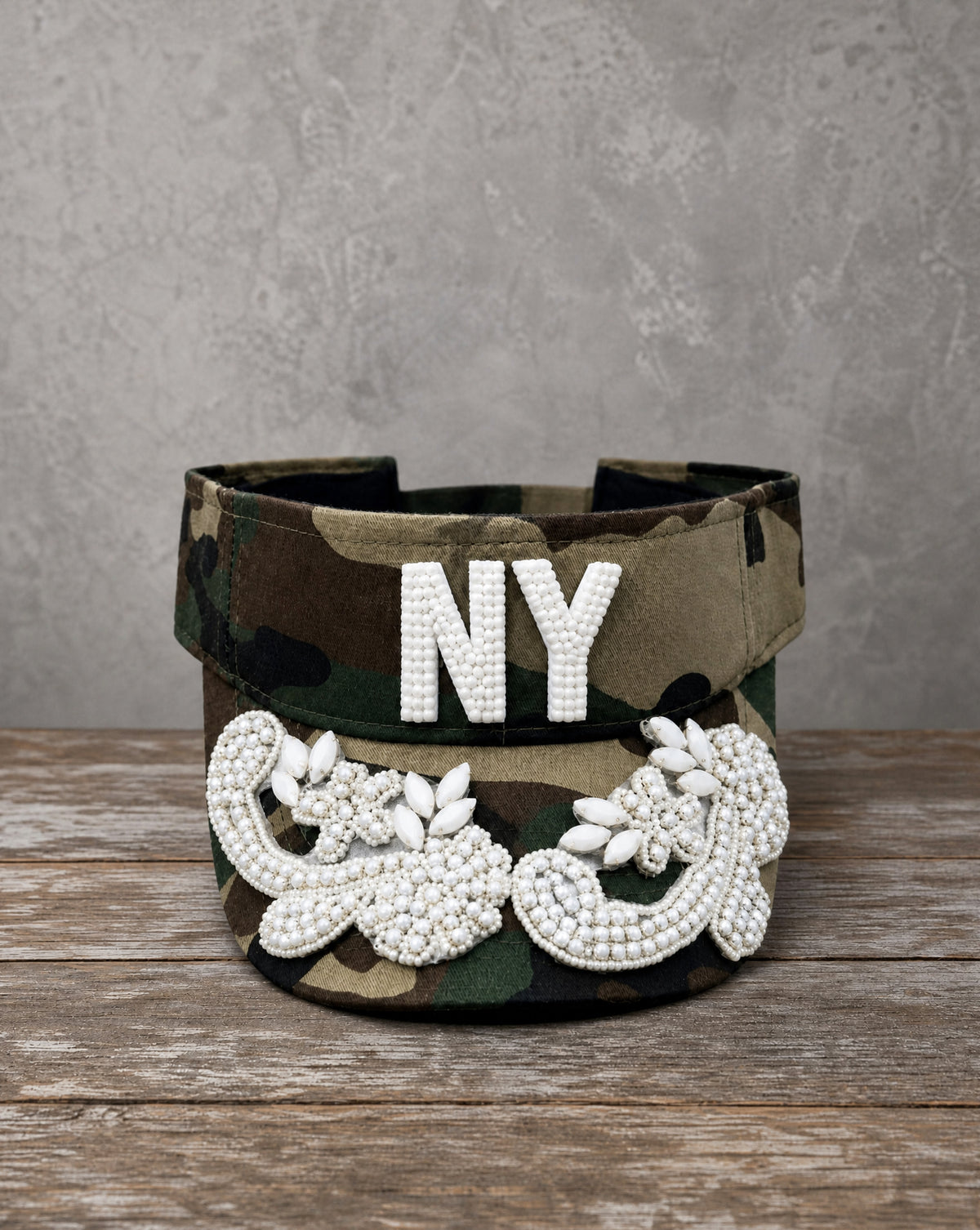 Crystal Appliqué New York visor with hand-applied crystal design