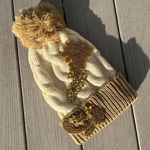 Custom Beaded Gold Crystal Applique Cable Pom Knitted Hat - Rebel P Customs